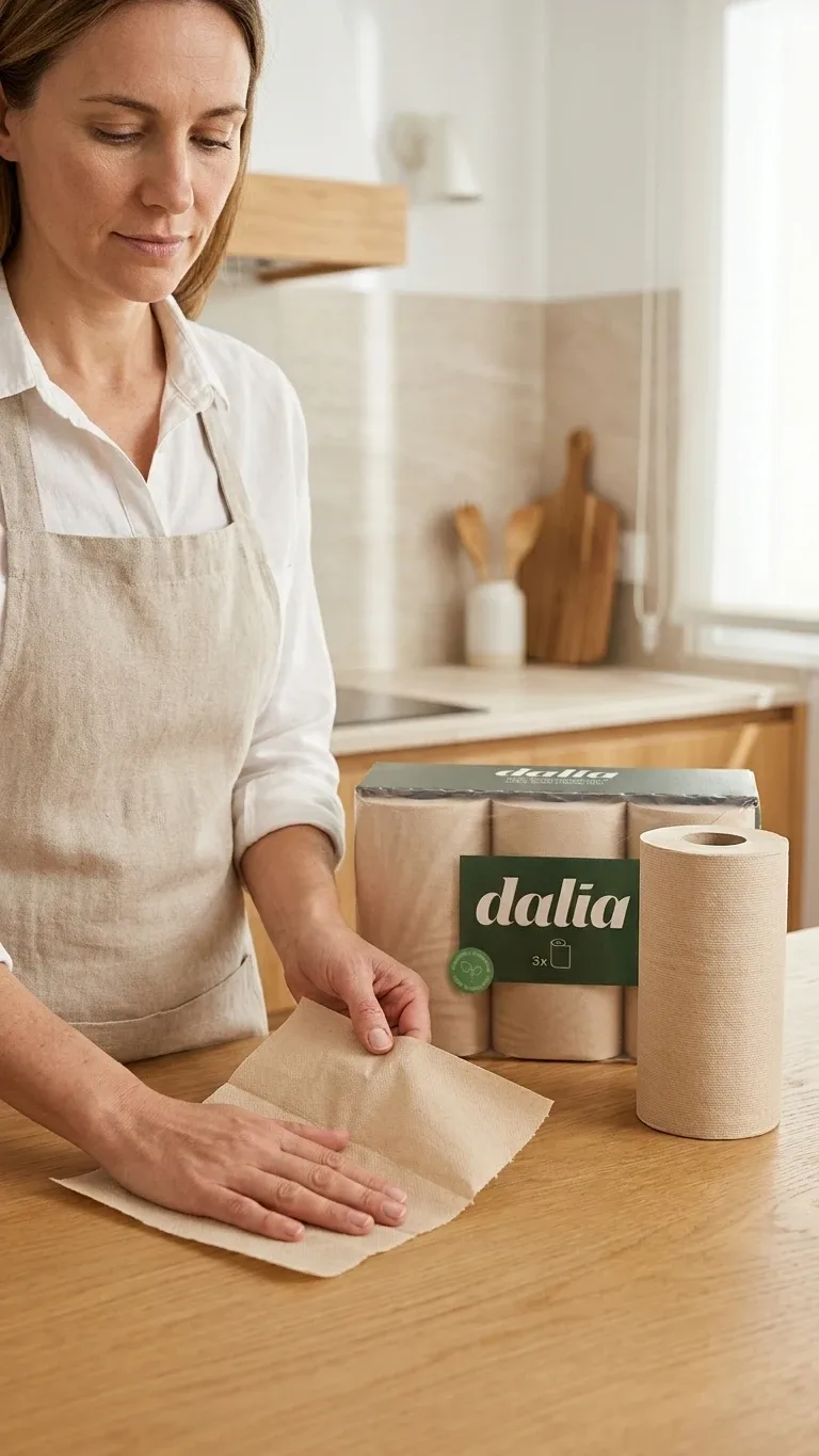 Hoja de papel de cocina Dalia de color natural sobre una encimera de madera